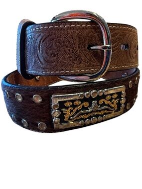 3D Youth Size 26 Western Tooled Leather Belt with Decorative Trim - Brown